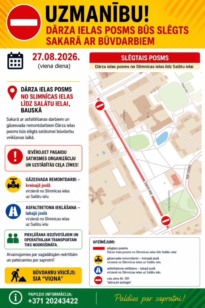 27. augustā Dārza ielas posms būs slēgts