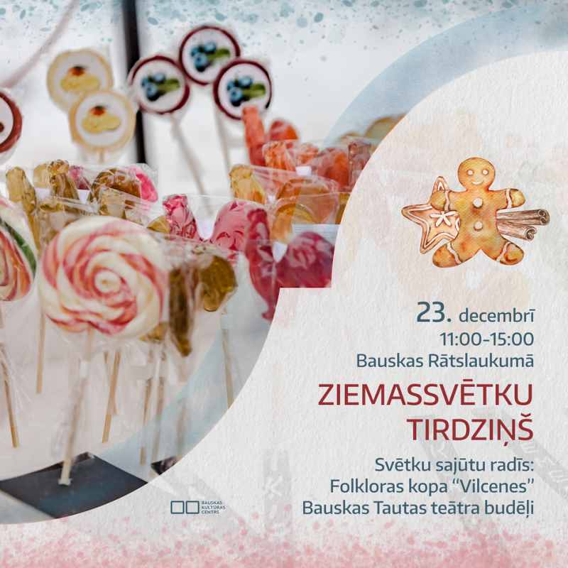Ziemassvētku tirdziņš Bauskas Rātslaukumā kopā ar folkloras kopu "Vilcenes" un Bauskas Tautas teātra budēļiem