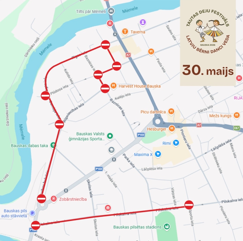 Satiksmes ierobežojumi bērnu tautas deju festivāla "Latvju bērni danci veda" laikā
