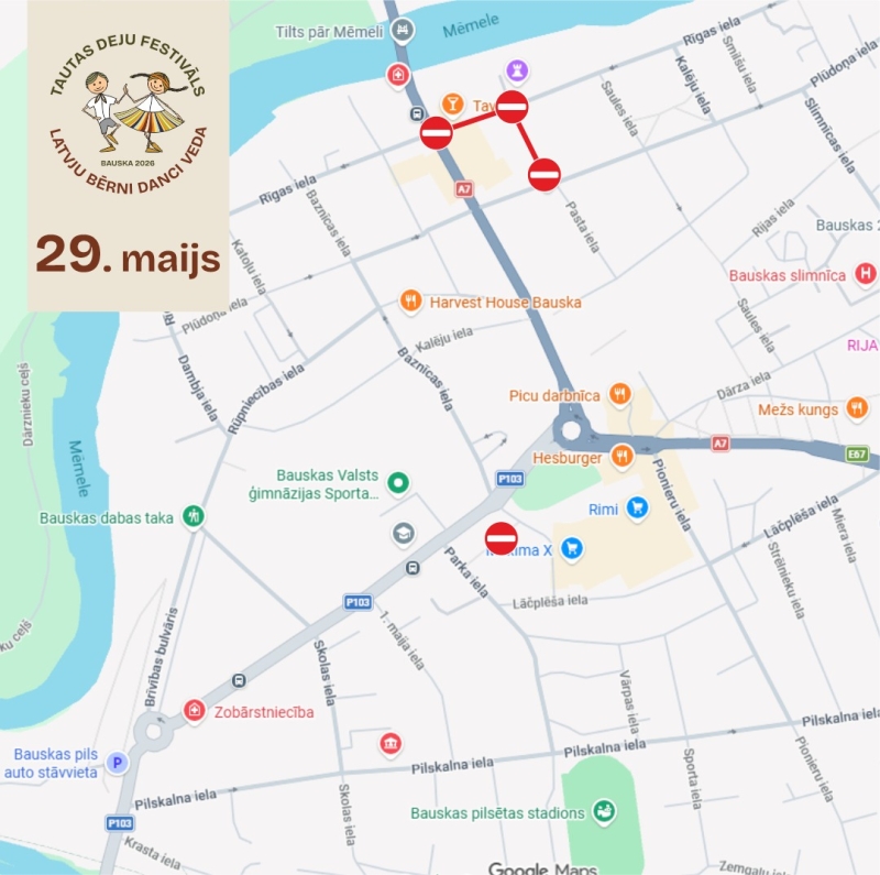 Satiksmes ierobežojumi bērnu tautas deju festivāla "Latvju bērni danci veda" laikā