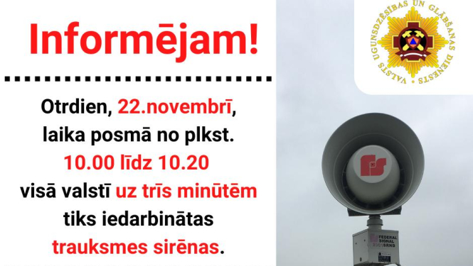 VUGD 22.novembrī veiks trauksmes sirēnu pārbaudi