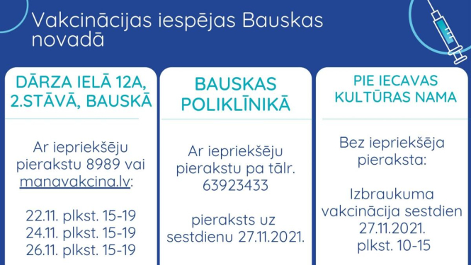 Vakcinācijas iespējas Bauskas novadā no 22. - 27.novembrim