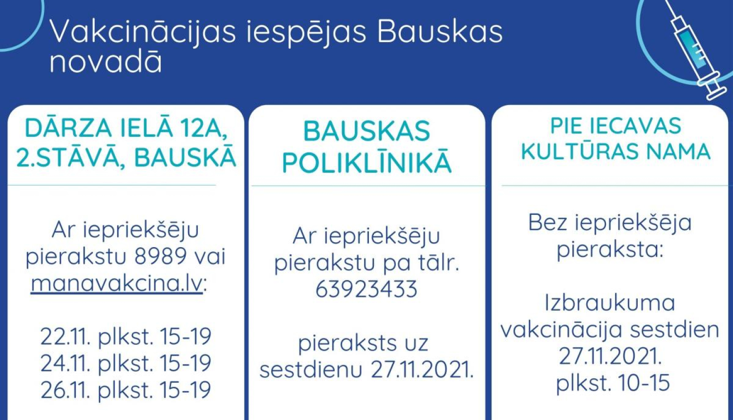 Vakcinācijas iespējas Bauskas novadā no 22. - 27.novembrim