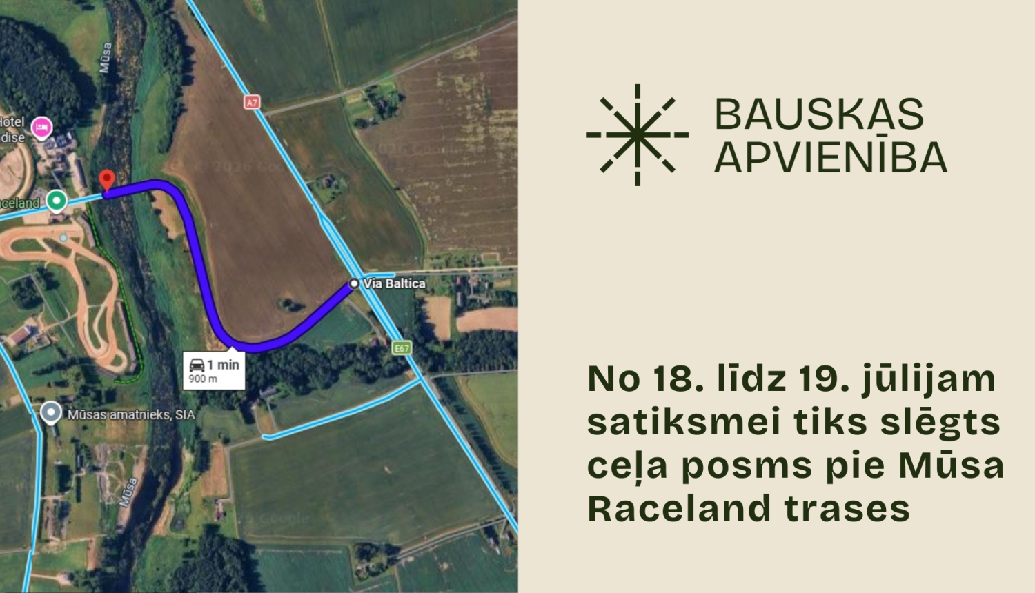 Tiks slēgts ceļa posms pie Mūsas Raceland trases