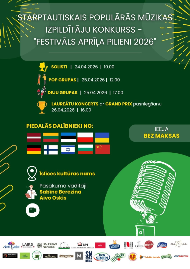XV Starptautiskais populārās mūzikas izpildītāju konkurss – festivāls “Aprīļa Pilieni 2026”