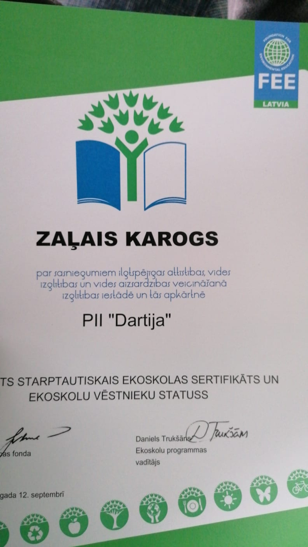 Zaļā karoga sertifikāts PII Dartija
