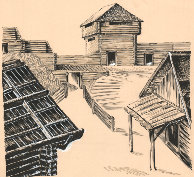 Mežotnes pils apbūves iekšskats pēc Emīlijas Brīvkalnes rekonstrukcijas versijas (avots: LU HZF Latvijas vēstures institūts).