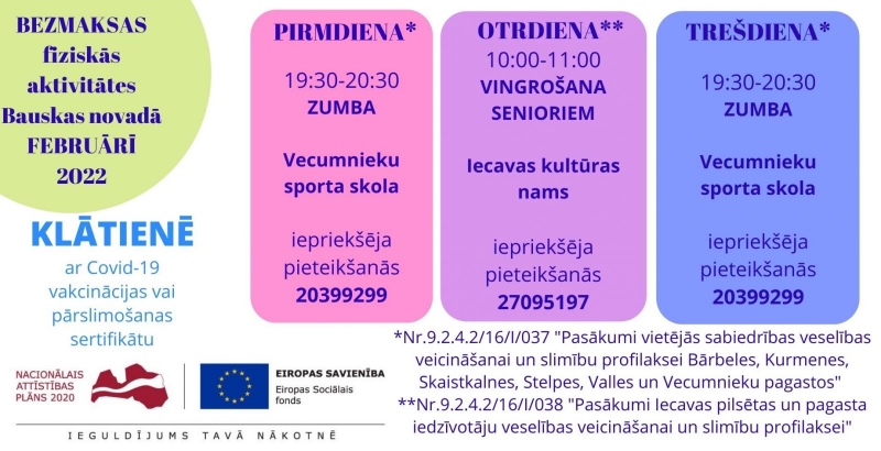 Veselības veicināšanas aktivitātes Bauskas novadā februārī klātienē