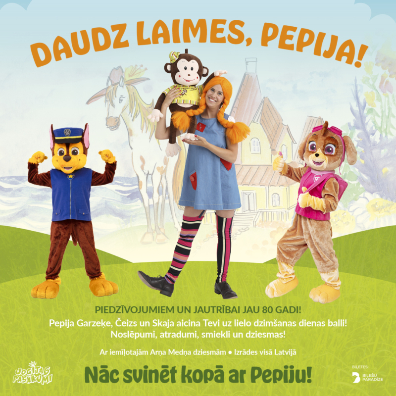 Izrāde bērniem “Daudz laimes, Pepija!” 2025. gada 26. oktobrī plkst. 18.00 Bauskas Kultūras centrā
