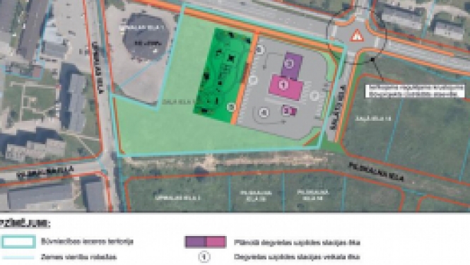 Publiskās apspriešanas paziņojumus par diennakts degvielas uzpildes staciju (DUS) ar veikala ēku un bērnu rotaļu laukumu.