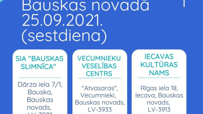 25.septembrī iespēja saņemt vakcīnu Bauskā, Vecumniekos un Iecavā