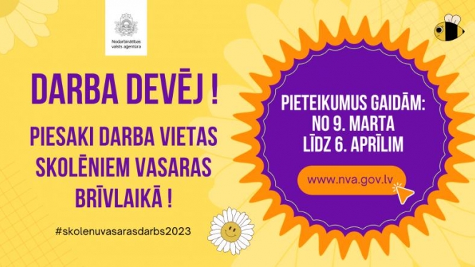 NVA aicina darba devējus pieteikties skolēnu nodarbinātības pasākuma īstenošanai 2023.gada vasarā