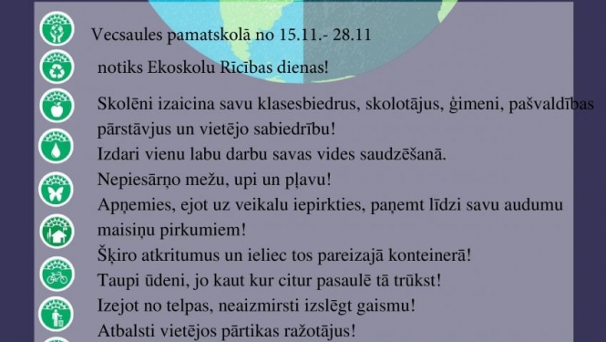 Vecsaules pamatskola aicina ikvienu iesaistīties Ekoskolu Rīcības dienā