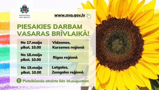 17. maijā sākas skolēnu elektroniskā reģistrācija dalībai NVA vasaras nodarbinātības pasākumā