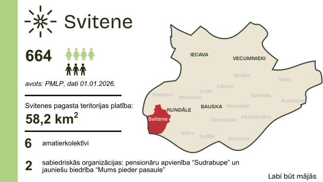 Svitenes pagastā ir deklarēti 664 iedzīvotāji; teritorijas lielums 58,2 kvadrātkilometri; pagastā darbojas seši amatierkolektīvi un divas biedrības
