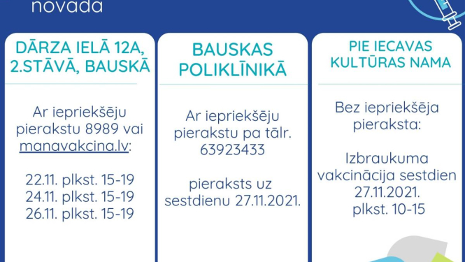 Vakcinācijas iespējas Bauskas novadā no 22. - 27.novembrim