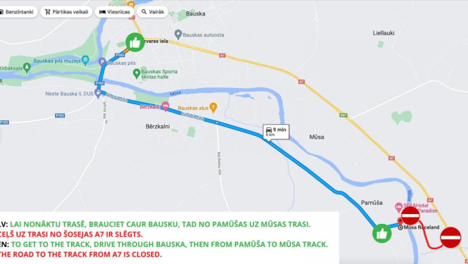 Informācija apmeklētājiem par nokļūšanu nedēļas nogales sacensībās "Musa Raceland" trasē