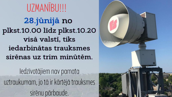 VUGD 28.jūnijā veiks trauksmes sirēnu pārbaudi