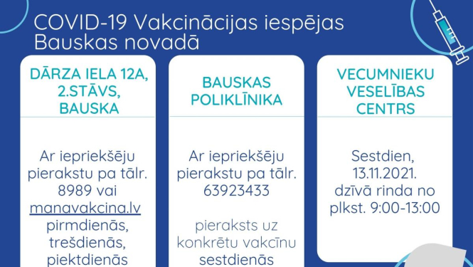 Vakcinācijas iespējas Bauskā un Vecumniekos