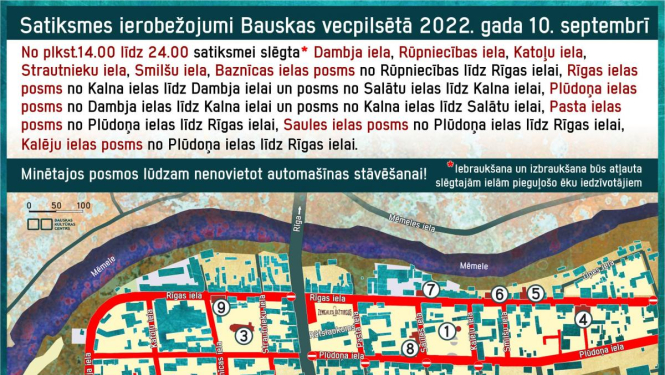 10. septembrī Bauskas vecpilsētā noteikti satiksmes ierobežojumi