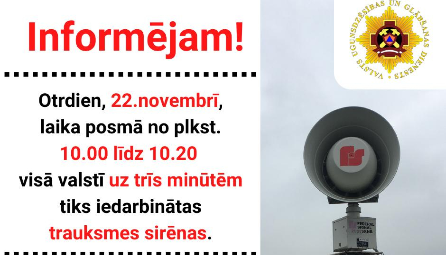VUGD 22.novembrī veiks trauksmes sirēnu pārbaudi