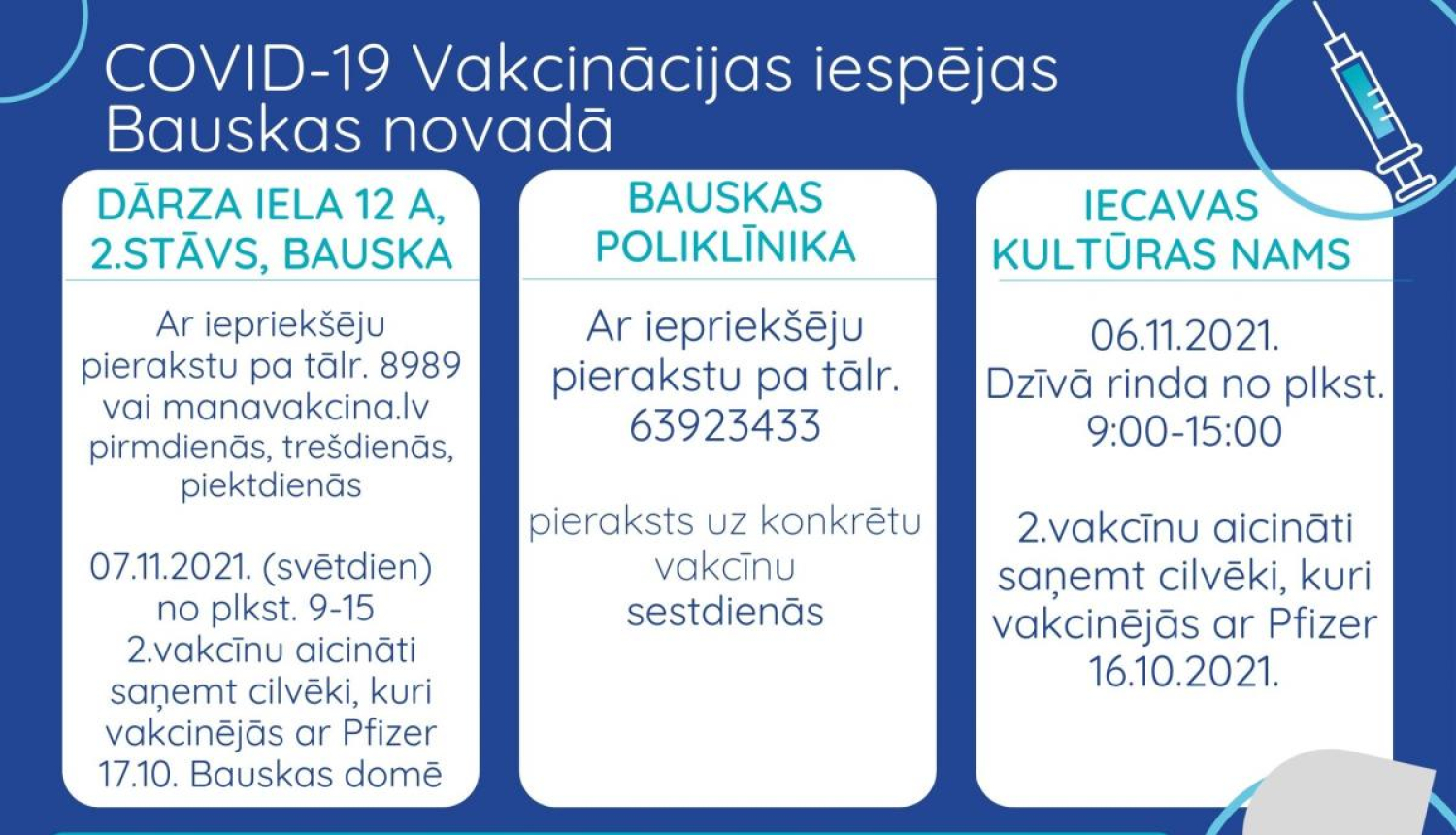 Pret Covid-19 vakcinācijas iespējas Bauskā un Iecavā