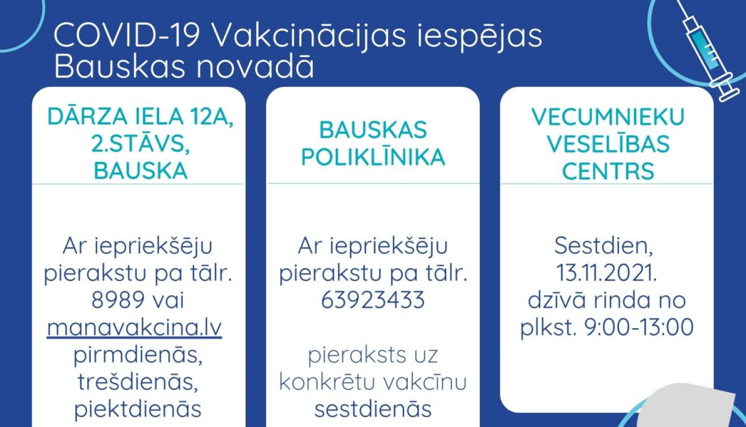 Vakcinācijas iespējas Bauskā un Vecumniekos