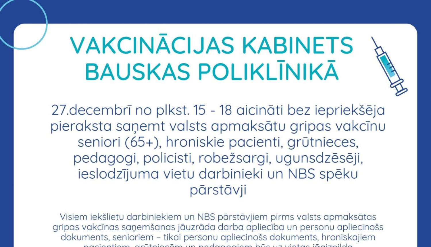 Iespēja vakcinēties pret gripu Vakcinācijas kabinetā Bauskas poliklīnikā 27. decembrī