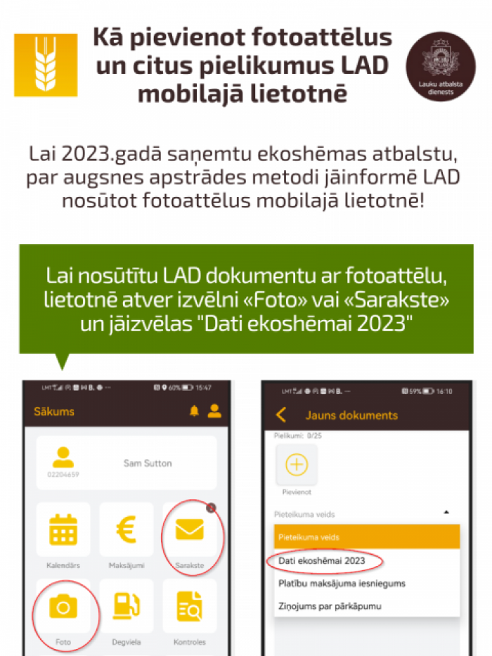 Kā pievienot fotoattēlus un citus pielikumus LAD mobilajā lietotnē